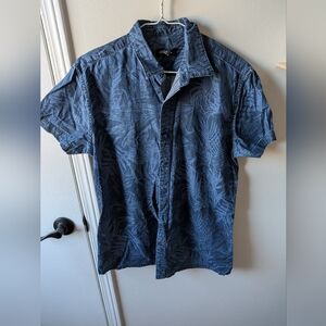 Castro Navy Short-Sleeve Button-Down Shirt with Tonal Leaf Print